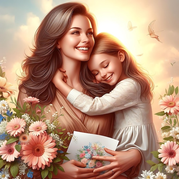 uma mulher segurando uma flor e uma menina abraçando-a