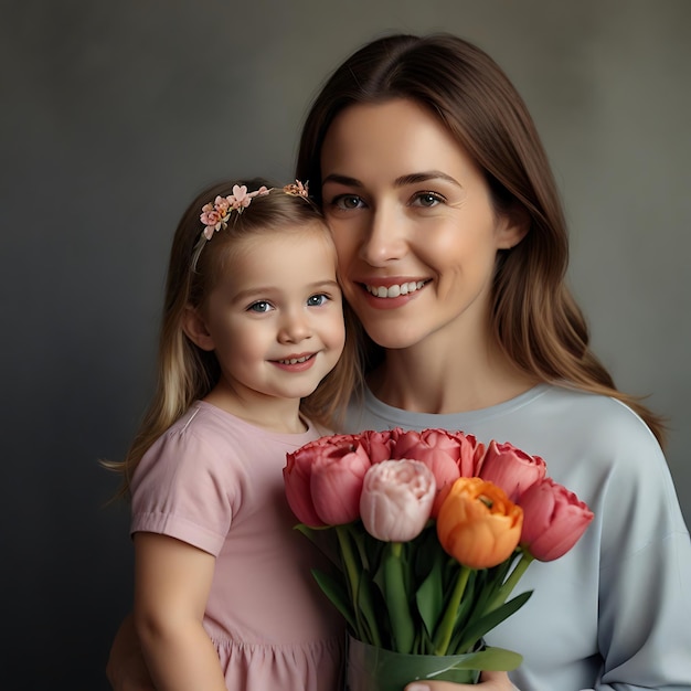 Foto uma mulher segurando uma flor e uma menina segurando flores