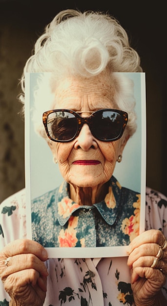 Uma mulher segurando uma foto de seu rosto com óculos escuros.