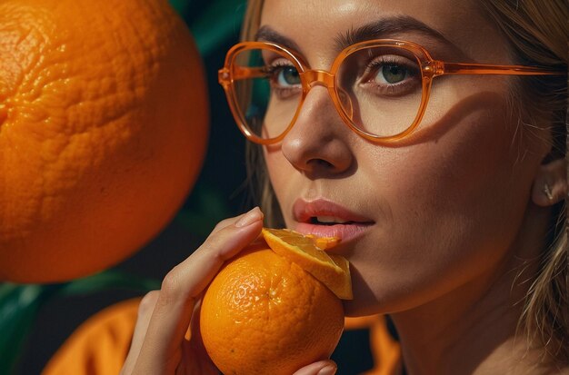 Uma mulher segurando uma laranja com um copo de suco