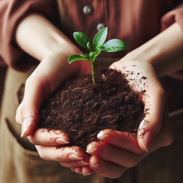 uma mulher segurando uma pequena planta em suas mãos