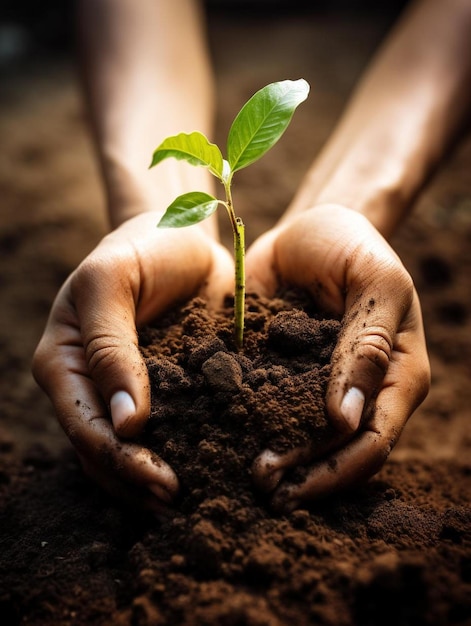 uma mulher segurando uma planta em suas mãos