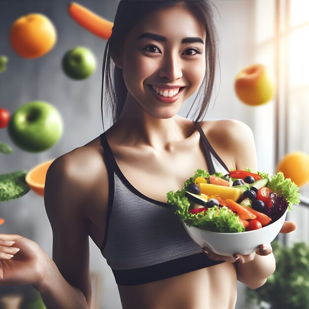 Uma mulher segurando uma tigela de frutas e legumes