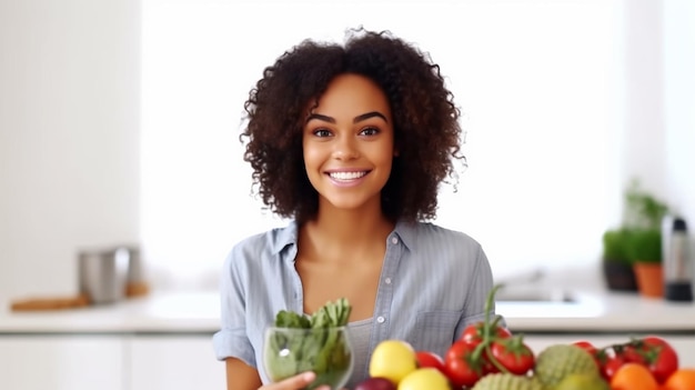 Foto uma mulher segurando uma tigela de frutas e legumes.