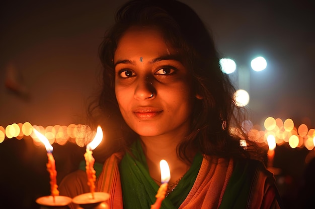 Uma mulher segurando uma vela acesa em sua mão com muitas luzes no fundo de seu rosto e um borrado