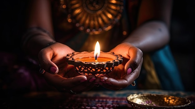 Uma mulher segurando uma vela nas mãos