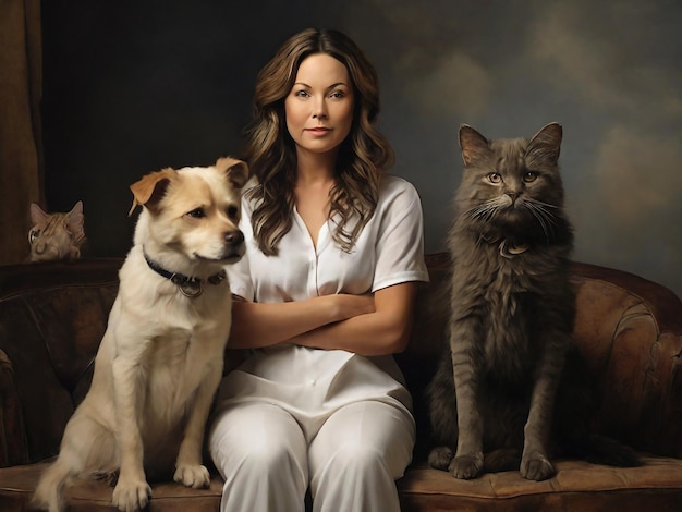 uma mulher senta-se com dois gatos e um gato e um cão