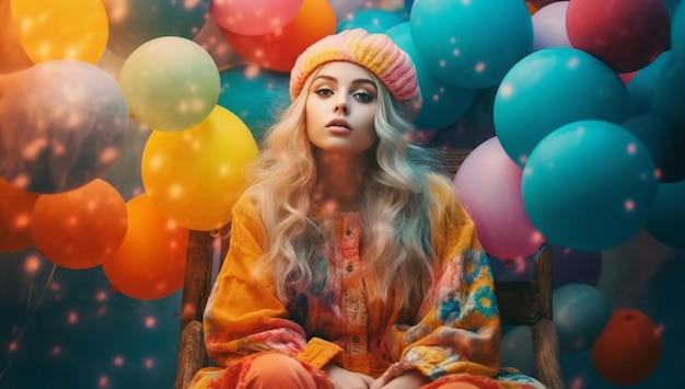 Uma mulher senta-se em frente a balões coloridos
