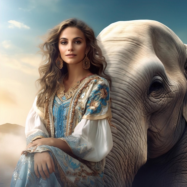 uma mulher senta-se em frente a um elefante com um fundo de céu.