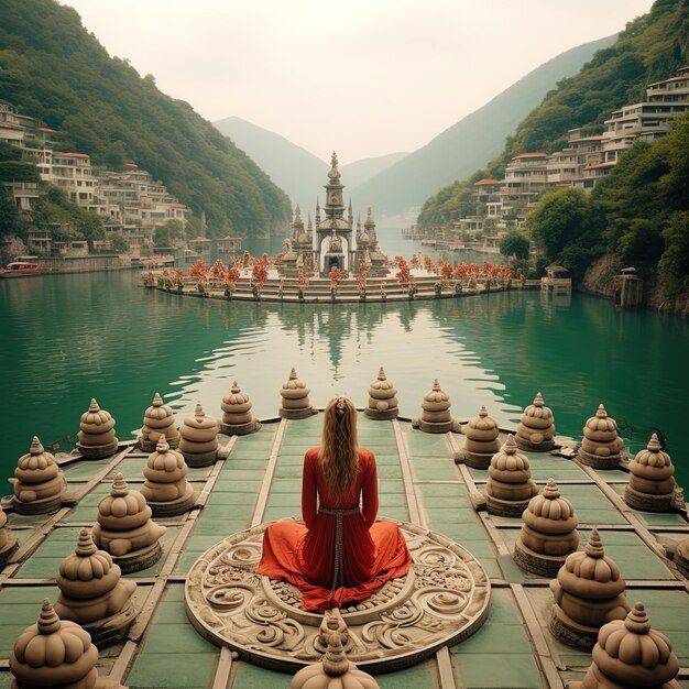 Foto uma mulher senta-se em frente a um lago com montanhas ao fundo