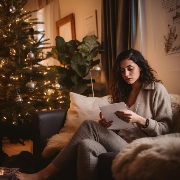 uma mulher senta-se em seu sofá na frente da árvore de Natal escrevendo uma nota