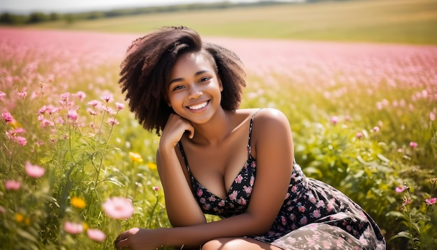 uma mulher senta-se em um campo de flores com um sorriso no rosto primavera