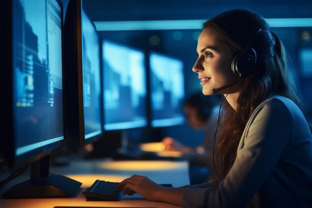 Foto uma mulher senta-se em um computador com um monitor mostrando uma foto de uma mulher com fones de ouvido e um teclado