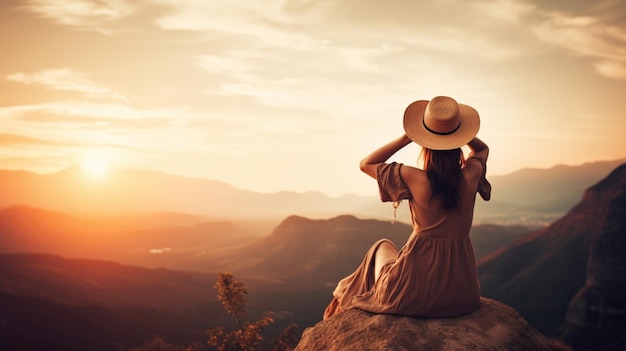 Uma mulher senta-se em um penhasco e olha para o pôr do sol.