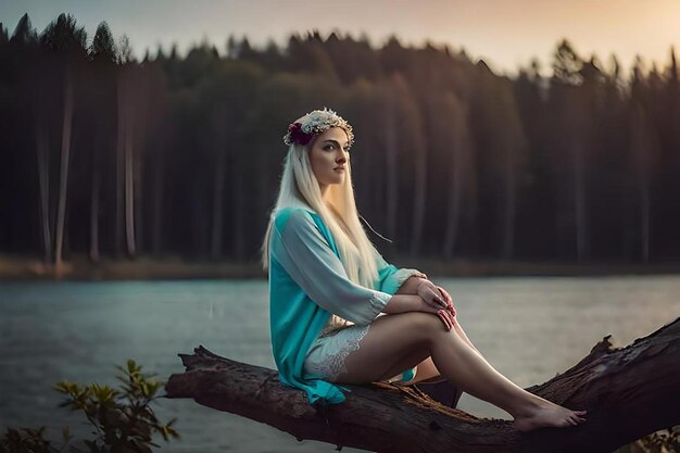 Uma mulher senta-se em um tronco em frente a um lago e olha para o pôr do sol.