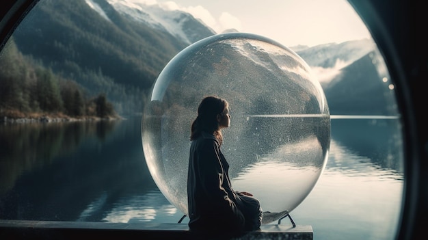Uma mulher senta-se em uma bolha em um lago com montanhas ao fundo.