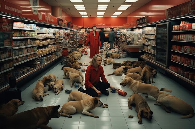 Foto uma mulher senta-se em uma loja com cães na frente dela