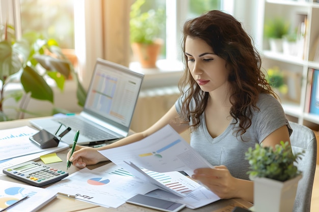 uma mulher senta-se em uma mesa com um laptop e papéis nele