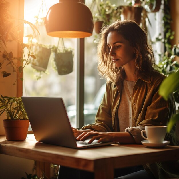 Foto uma mulher senta-se em uma mesa com um laptop e uma xícara de café ao fundo