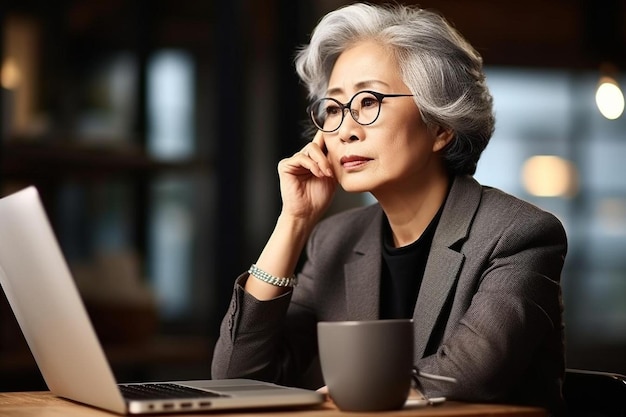 uma mulher senta-se em uma mesa com um laptop e uma xícara de café atrás dela