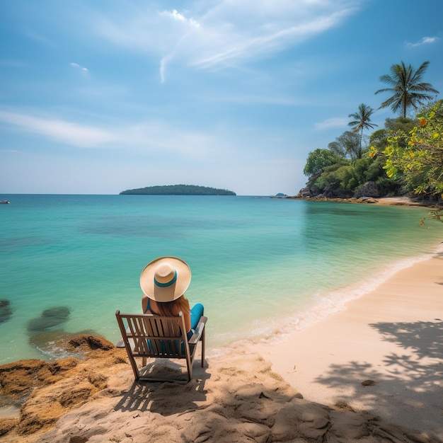 Uma mulher senta-se em uma praia em frente a uma ilha tropical.