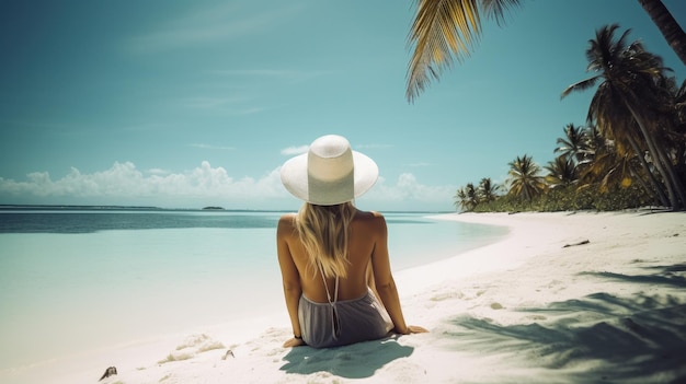 Uma mulher senta-se em uma praia nas maldivas