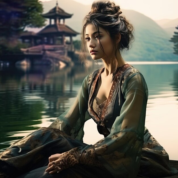 uma mulher senta-se em uma rocha na frente de um lago com um pagode ao fundo