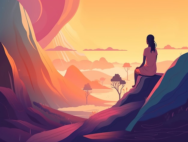 Uma mulher senta-se em uma rocha olhando para as montanhas ao ar livre, explore a ilustração de viagens