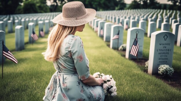 Uma mulher senta-se entre as lápides de veteranos.