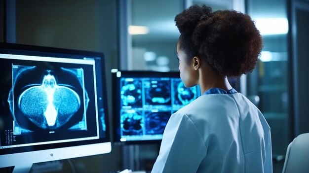 uma mulher senta-se na frente de um computador com uma tela de computador mostrando uma imagem de um cérebro humano