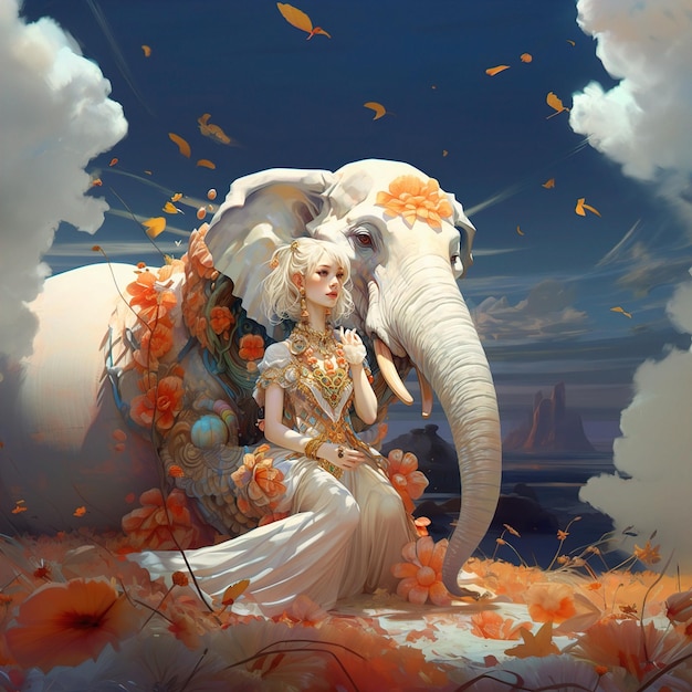 uma mulher senta-se na frente de um elefante com flores e um elefante.