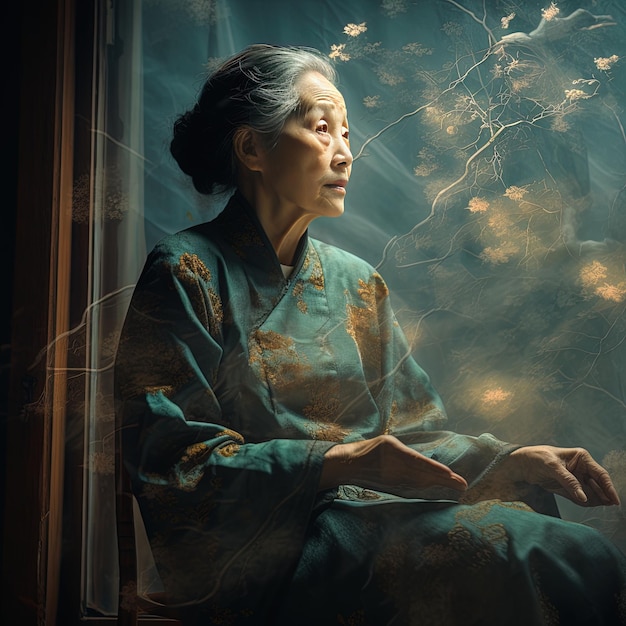 uma mulher senta-se na frente de uma janela com uma imagem chinesa de uma mulher lendo um livro