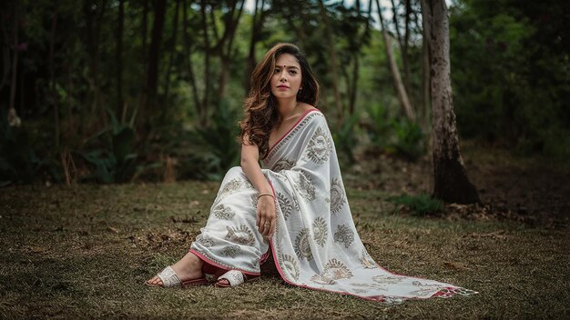 uma mulher senta-se na grama em um vestido branco e dourado