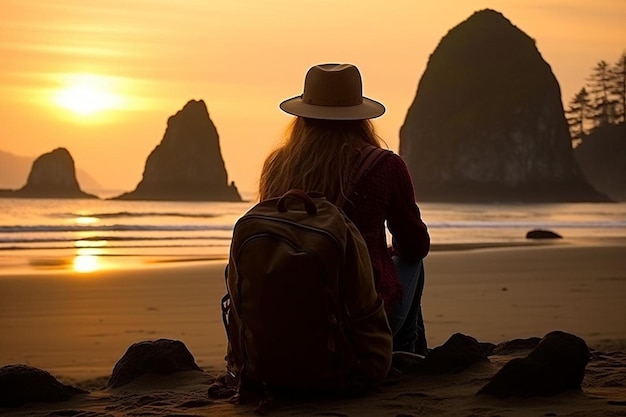 uma mulher senta-se na praia com uma mochila e olha para o oceano