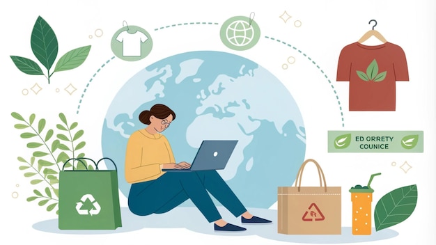 uma mulher senta-se no chão com um laptop e sacos de compras