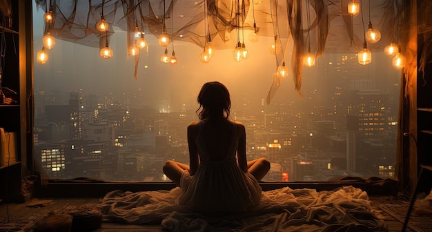 Foto uma mulher senta-se no peitoral da janela com as luzes penduradas no teto