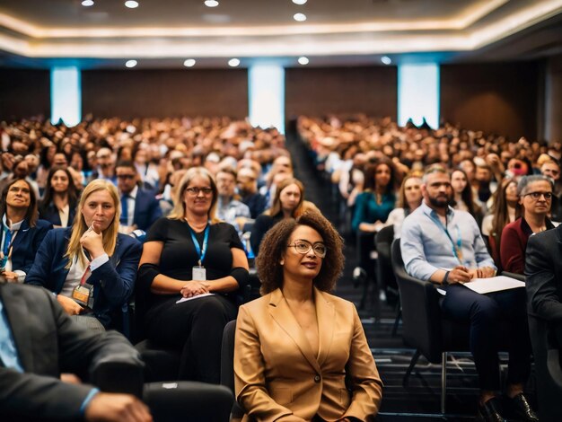 Foto uma mulher senta-se num auditório com outras pessoas ao fundo