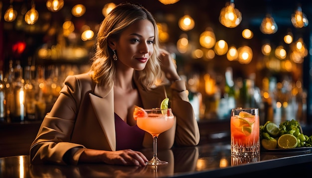 uma mulher senta-se num bar com uma bebida e uma bebida