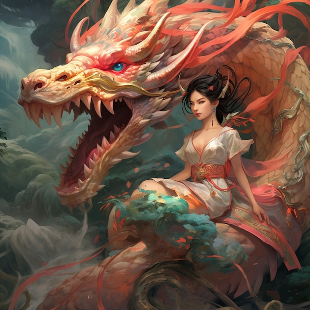 Uma mulher senta-se num dragão com um dragão ao fundo.