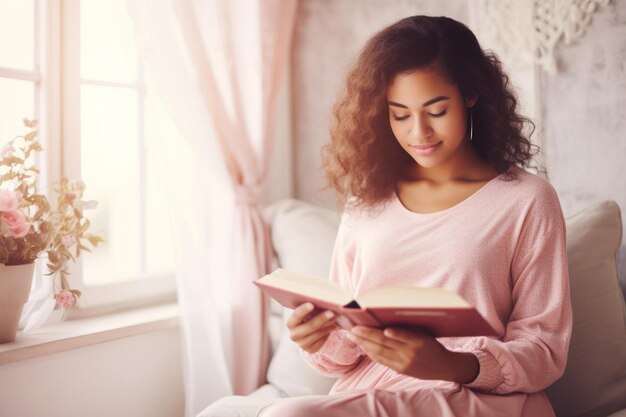 Foto uma mulher senta-se num sofá a ler um livro