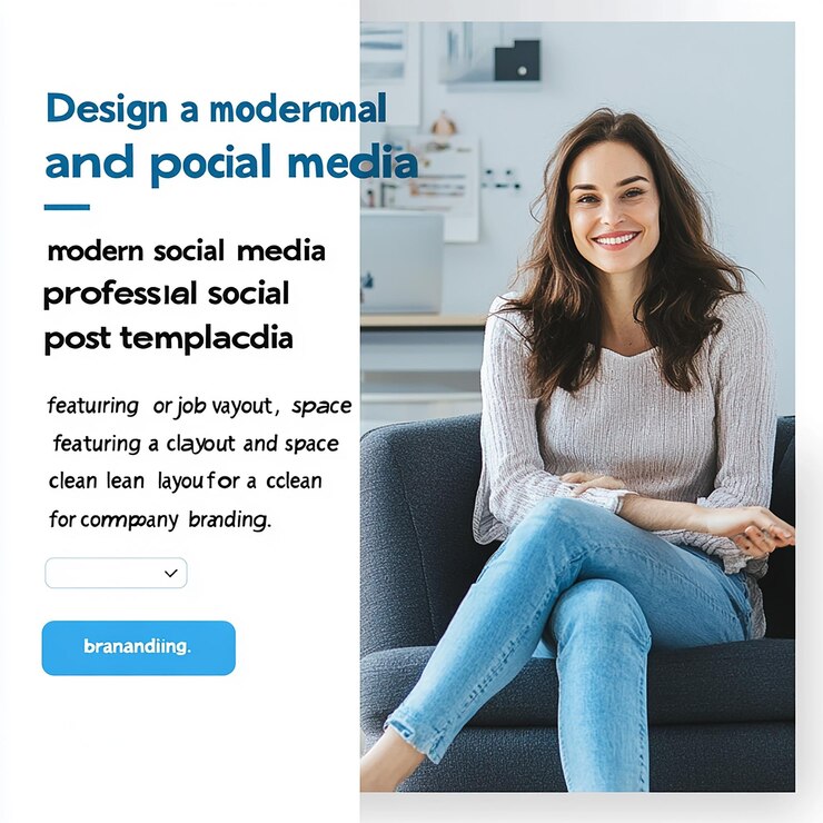 Foto uma mulher senta-se num sofá com um site que diz design e redes sociais