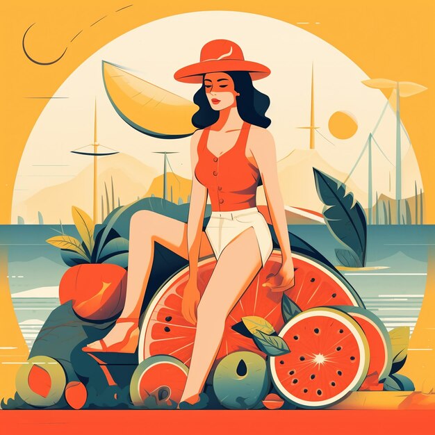 Uma mulher senta-se numa pilha de frutas e olha para o sol.