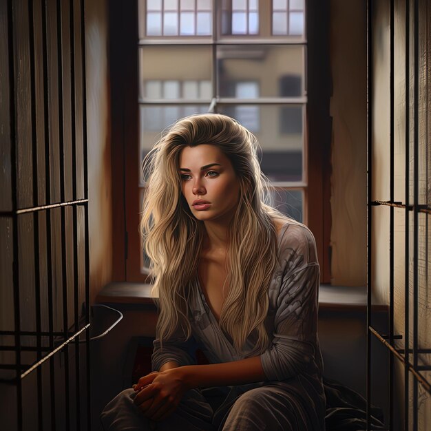 Foto uma mulher senta-se numa prisão com um longo cabelo loiro