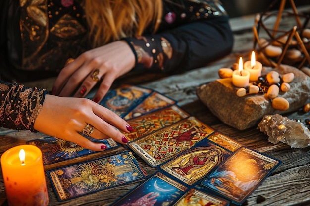 uma mulher sentada a uma mesa com velas e cartas de tarô