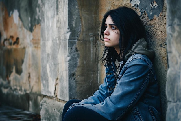 uma mulher sentada contra uma parede com uma jaqueta