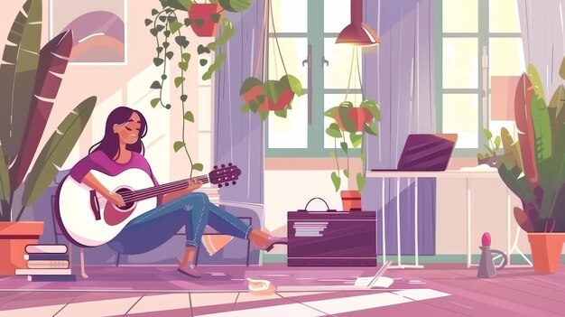 Foto uma mulher sentada em casa assistindo a vídeos e tocando música com seu laptop em uma página de entrada de aulas de guitarra educação on-line aprendizagem de passatempo treinamento de desenho animado arte de linha moderna banner web de um