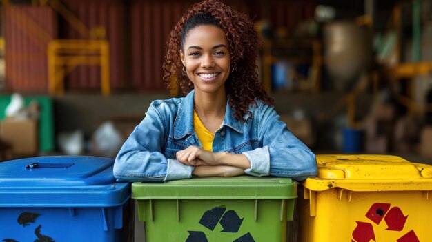 Uma mulher sentada em cima de três caixas de reciclagem com um sorriso ai