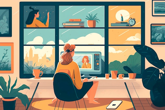 Uma mulher sentada em frente a uma janela com um monitor de computador que diz 'sou freelancer'