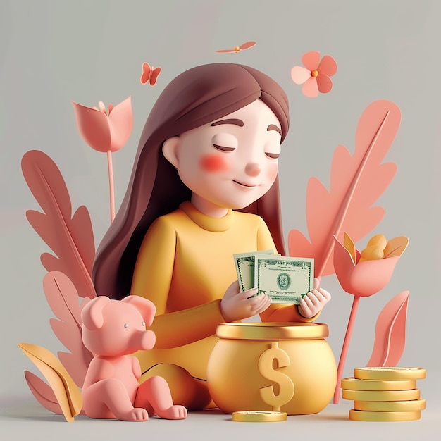 uma mulher sentada em frente a uma panela com dinheiro e flores