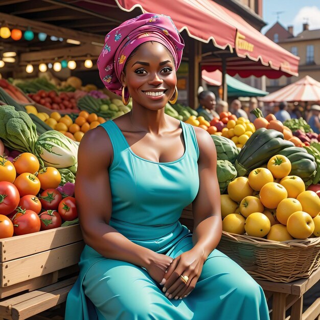 uma mulher sentada em um banco na frente de uma barraca de frutas